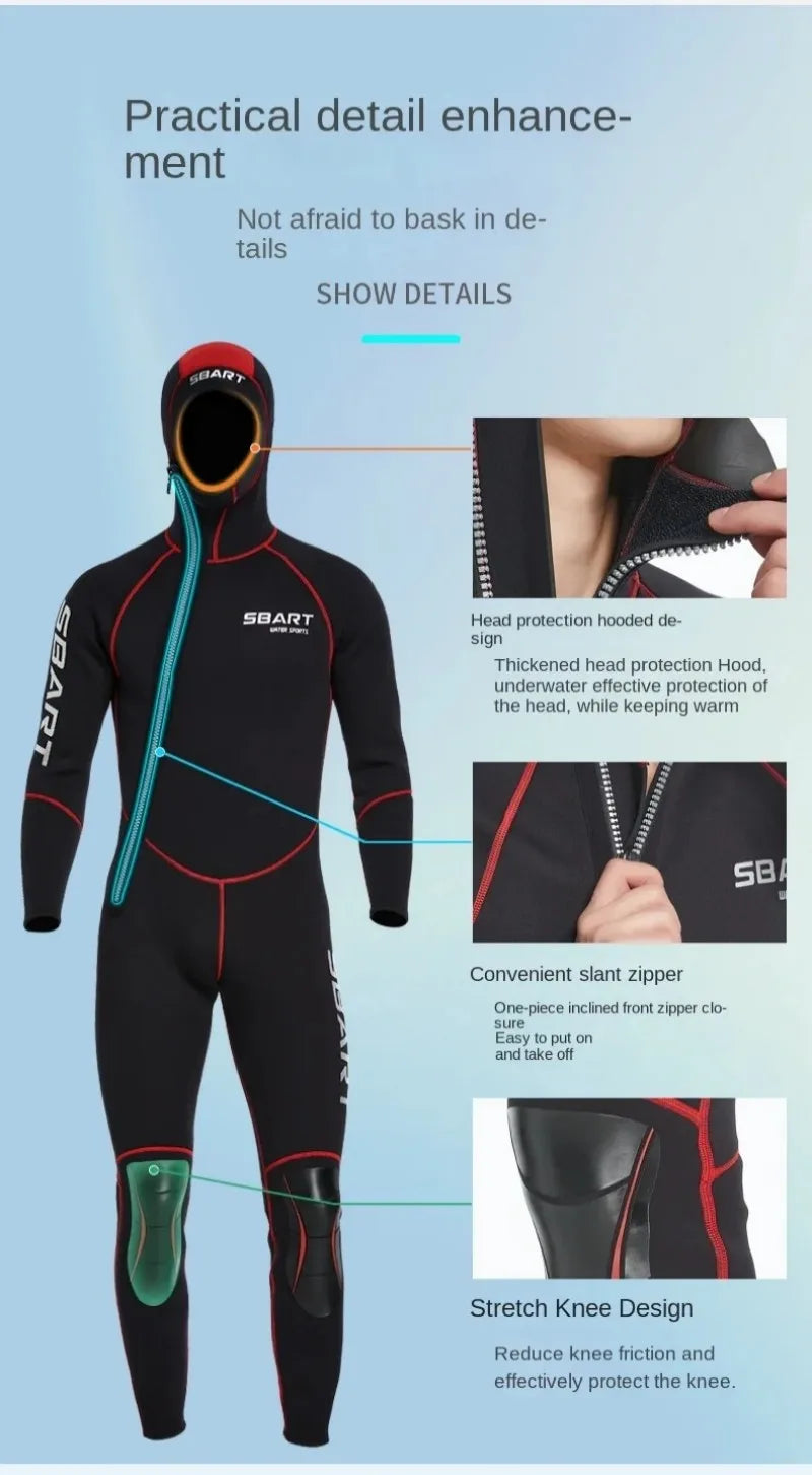 SBART 3mm One-piece Neoprene Wetsuit Men Hooded Warm Long Sleeve Diving Suit Cold Proof Sunscreen Surfing Swimming Snorkeling