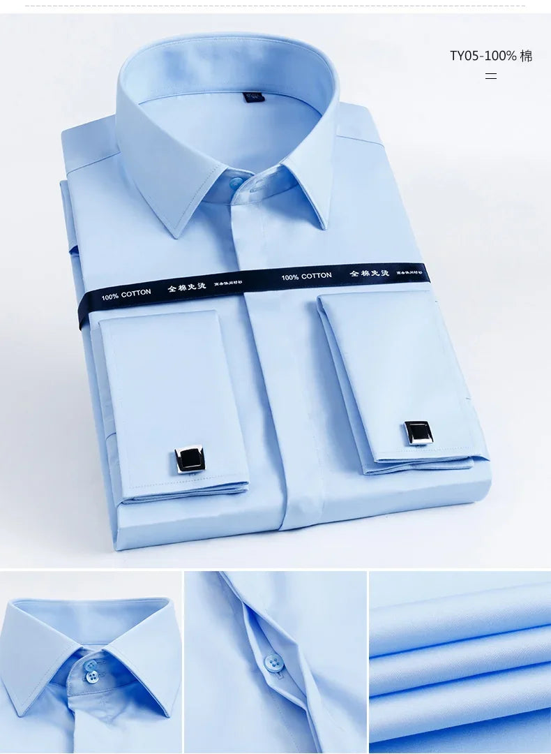 2026 Iron Free French Cufflink Long Sleeves Slim Fit 100% Cotton  Men's Concealed Buttons Solid Color High-end Wedding Dress