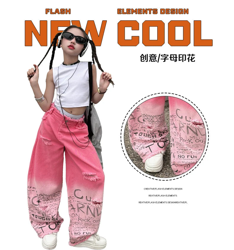 junior girls pink gradient color hole wide leg jeans cotton teenager kids Mop pants pant children trousers adolecentes 4 12 14