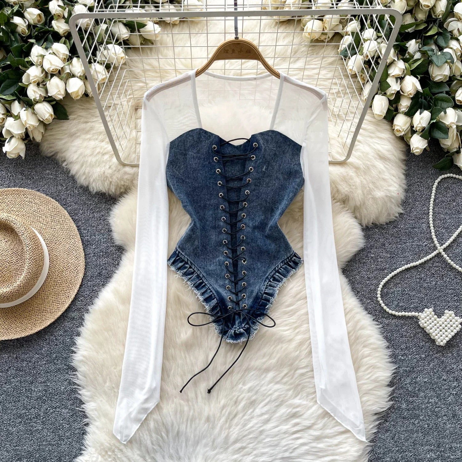 2025 New American Retro Patchwork Sexy Blouse Women Squre Neck Long Sleeves Sheer Top Streetwear Ins Lace Up Denim Shirt