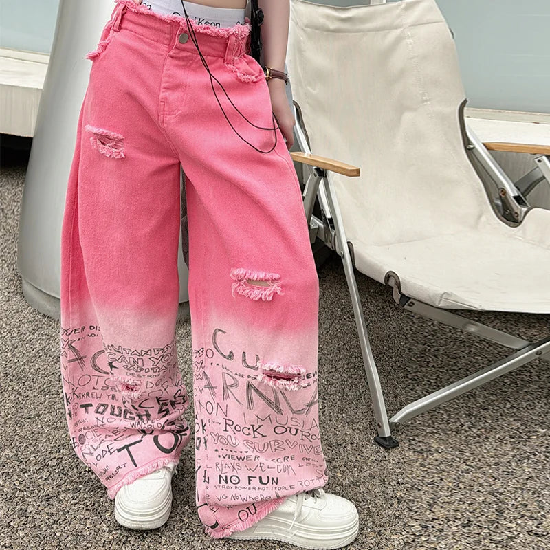 junior girls pink gradient color hole wide leg jeans cotton teenager kids Mop pants pant children trousers adolecentes 4 12 14
