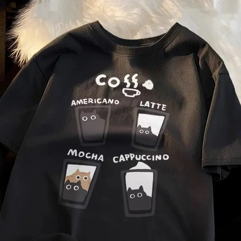 Cartoon Cute Cat and Dog Pattern Fun WomanT-Shirt Street Comfortable Soft Tops Creative Fashion Women's T-Shirt Clothing Y2K Top
