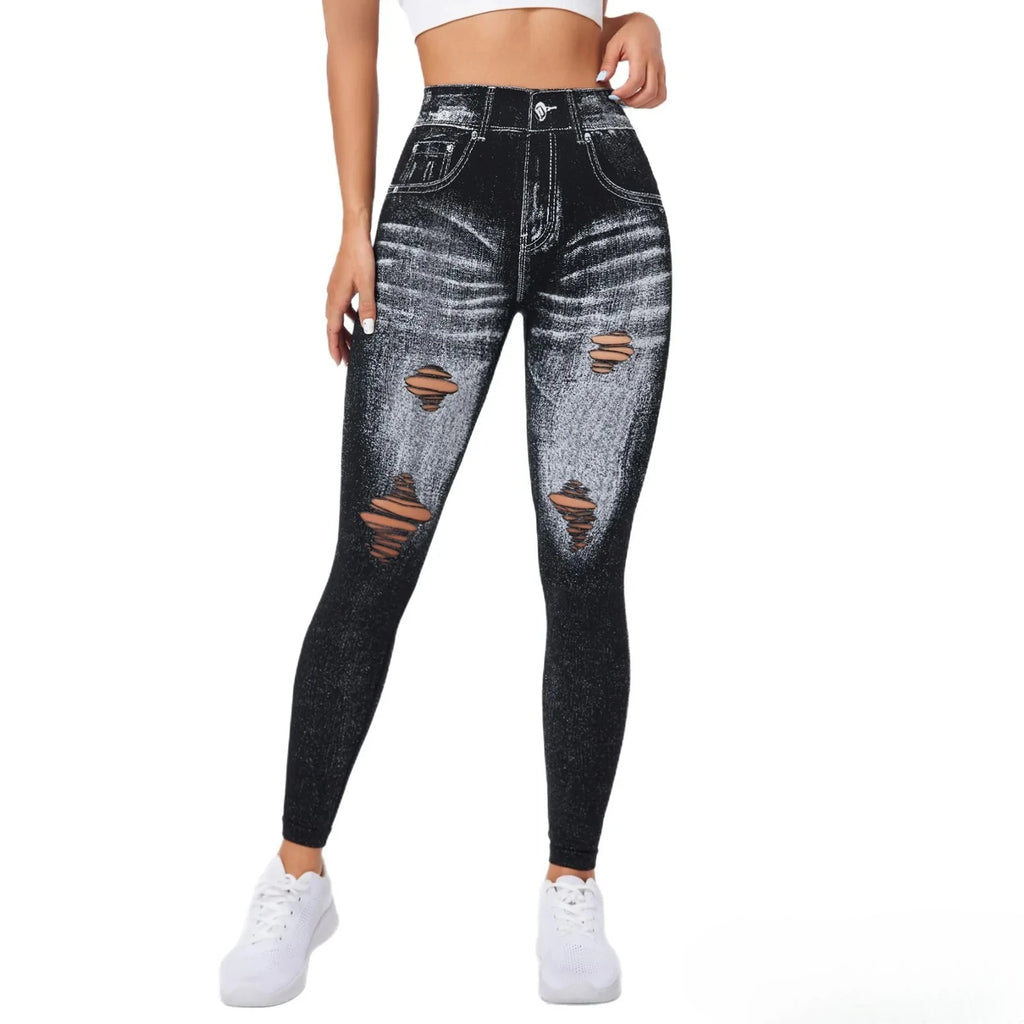 Women's Gym Printed Yoga Tight Pants Seamless High Waisted Denim-like Perforated Fake Pocket Tight Pants Yoga Fitness Leggings