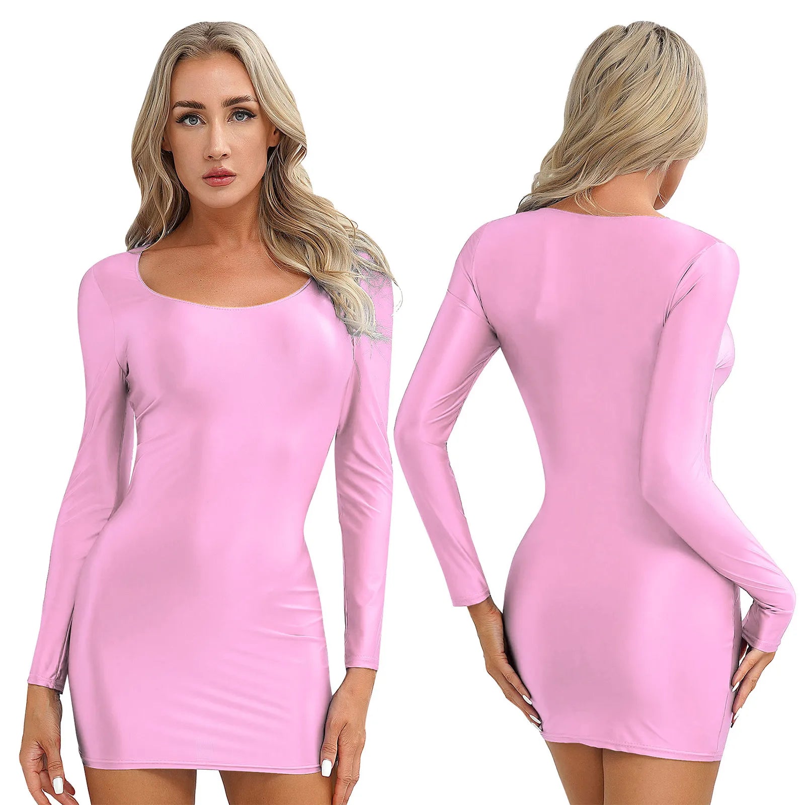 Women's  Solid Color Smooth Stretchy Mock Neck Tight Party Dresses Female Dresses Glossy Long Sleeve Bodycon Dress Nightwear
