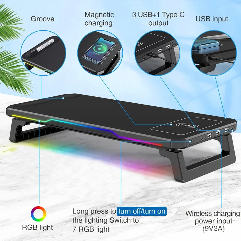 PC Monitor Stand 3 USB 2.0 Ports Keyboard Storage Space Bar Laptop Monitor Holder With RGB Light Type-C Wireless Charging