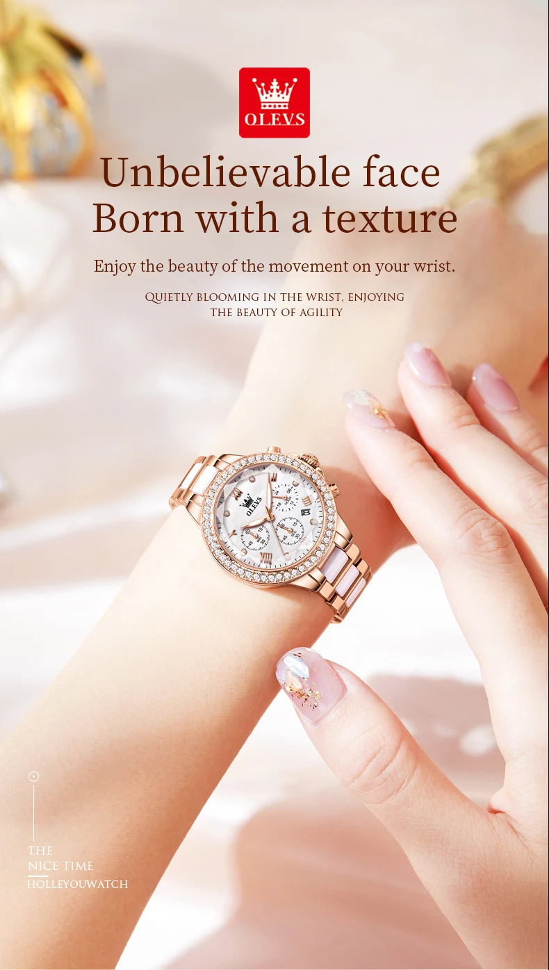 OLEVS Diamond Quartz Watch for Women Luxury Elegant Ceramics Strap Rhombic Mirror Ladies Wristwatch Waterproof Chronograph Clock