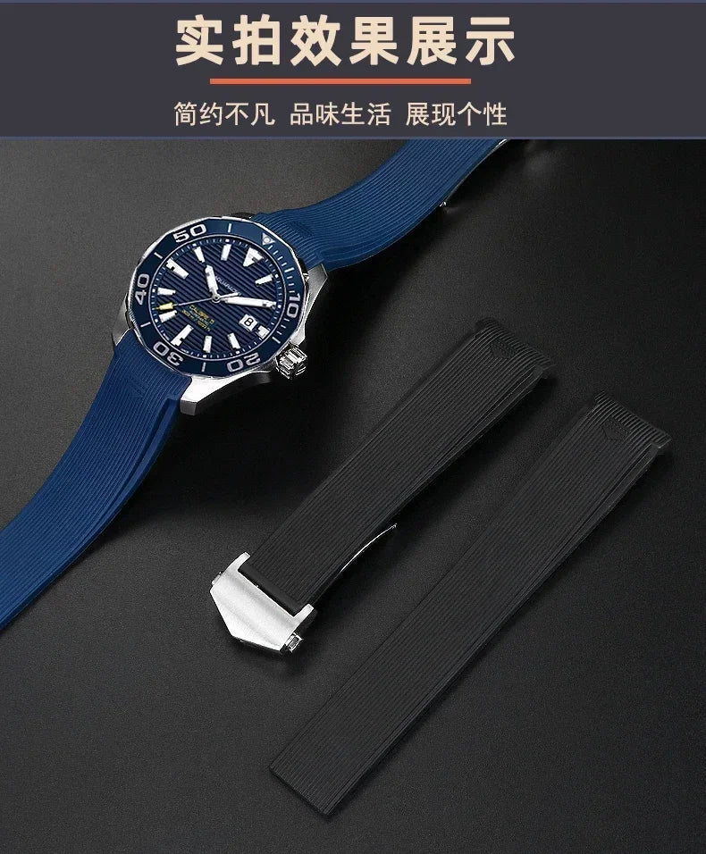 Silicone Watch Straps For Tag Heuer CARRERA AQUARACER 300 WAY201A WAY211C Rubber Black Blue Watch Accessories Band 22mm