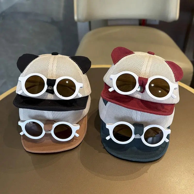 Summer Mesh Baby Baseball Cap With Detachable Sunglasses Cartoon Ear Infant Boys Girls Sun Hat Kids Duck Tongue Hats