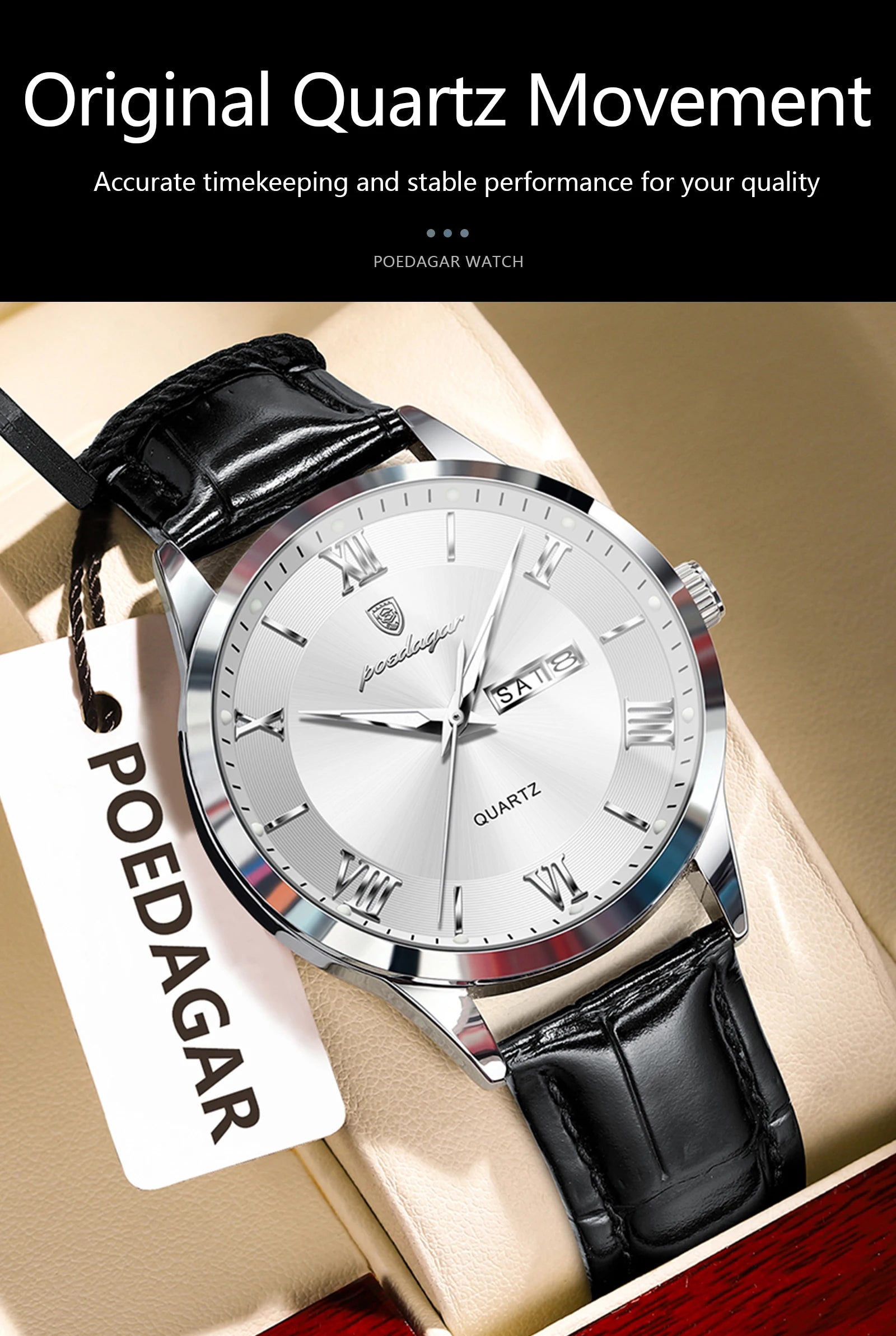 POEDAGAR Classic Luxury Men's Wristwatch Date Week Leather Business Man Watch Waterproof Luminous Fashion Quartz Watches For Men