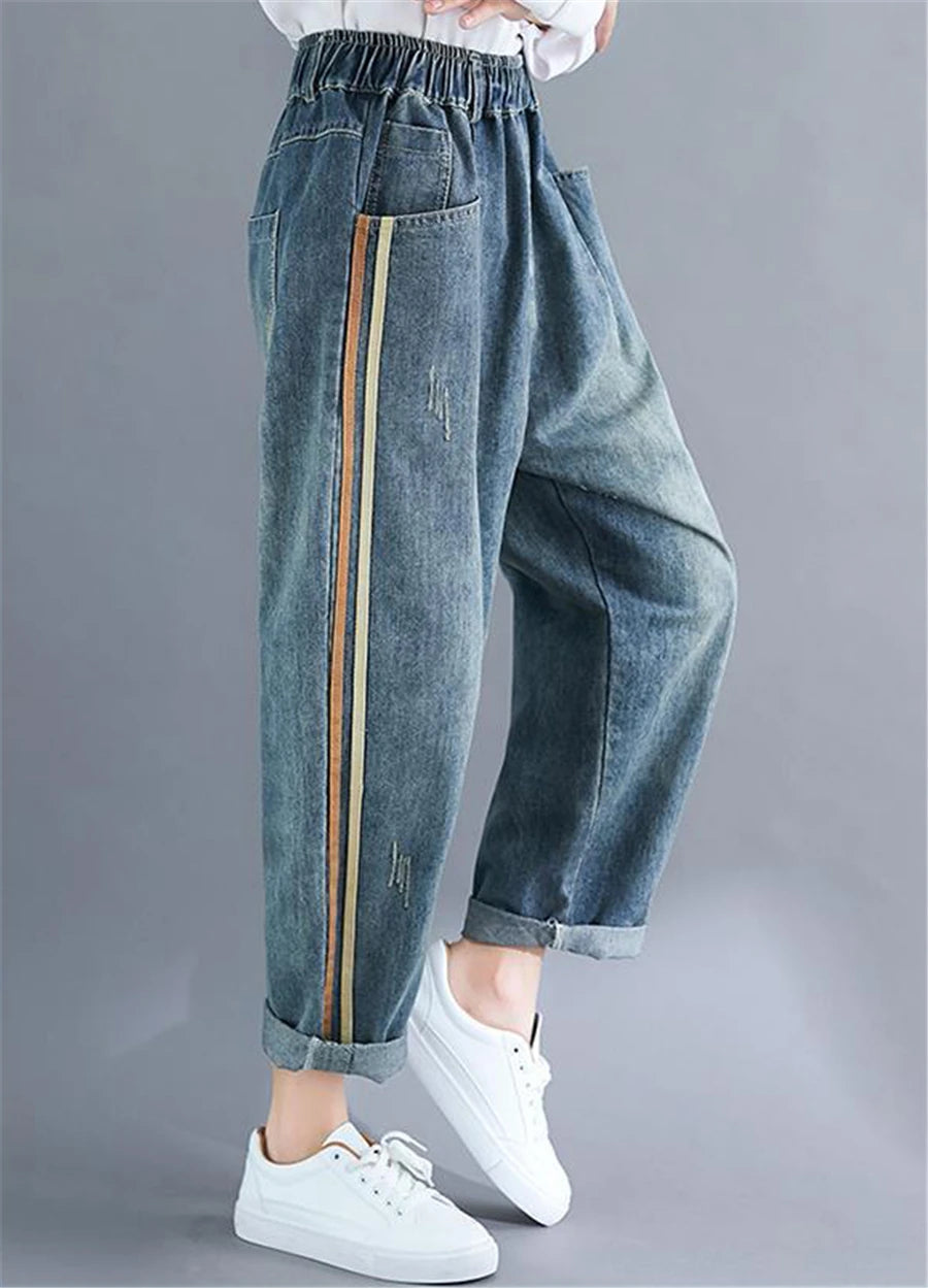 Light Blue Baggy Harem Jeans Mom Elegant Casual Elastic Waist 86-90cm Capris Denim Pants Korean Fashion Chic Cowboy Pantalones