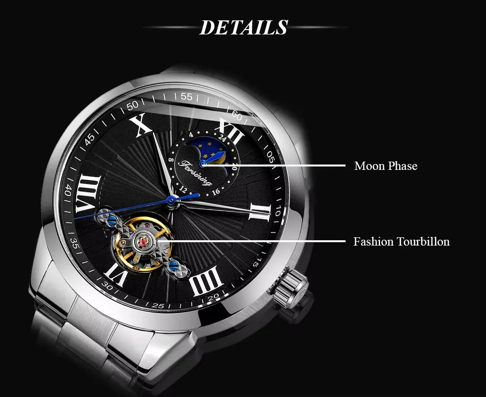 Forsining Men's Automatic Tourbillon Moon Phase Mechanical Watch Stainless Steel 3ATM Waterproof Luxury Design Business Style