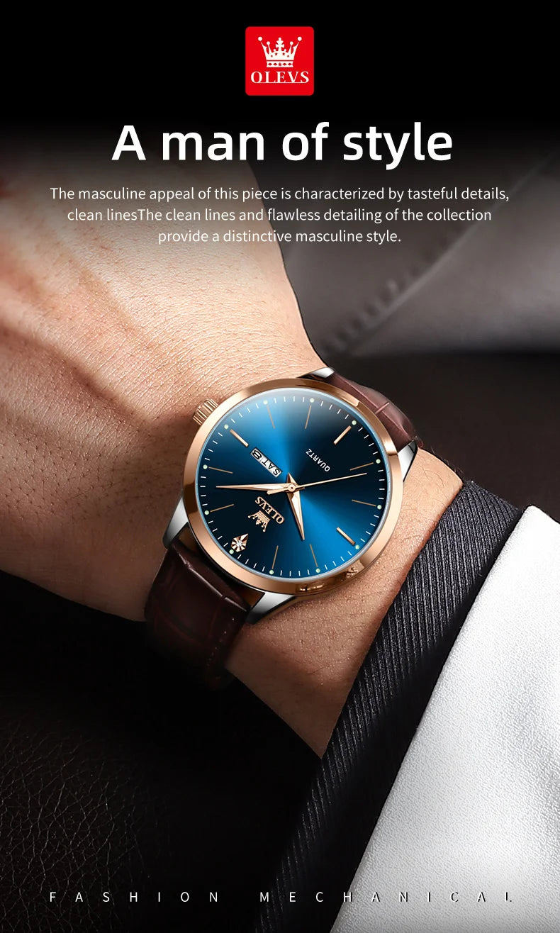 OLEVS 2935 Original Business Men Watch Leather Strap Trend Week Calendar Quartz Watch Luminous Waterproof 43mm Dial wristwatch