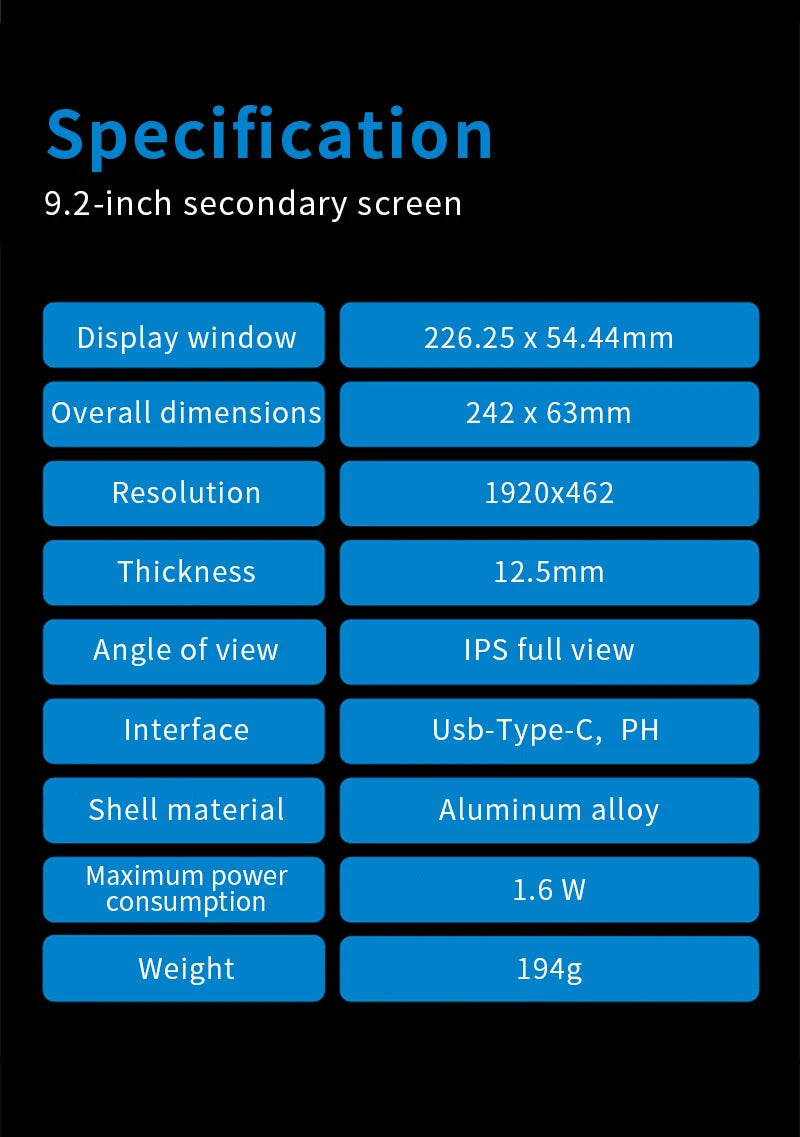 TURZX 9.2 Inch Type-C Chassis Secondary Screen 1920*462 IPS Display CPU GPU RAM HDD Weather Monitor LCD No AIDA64 USD Display