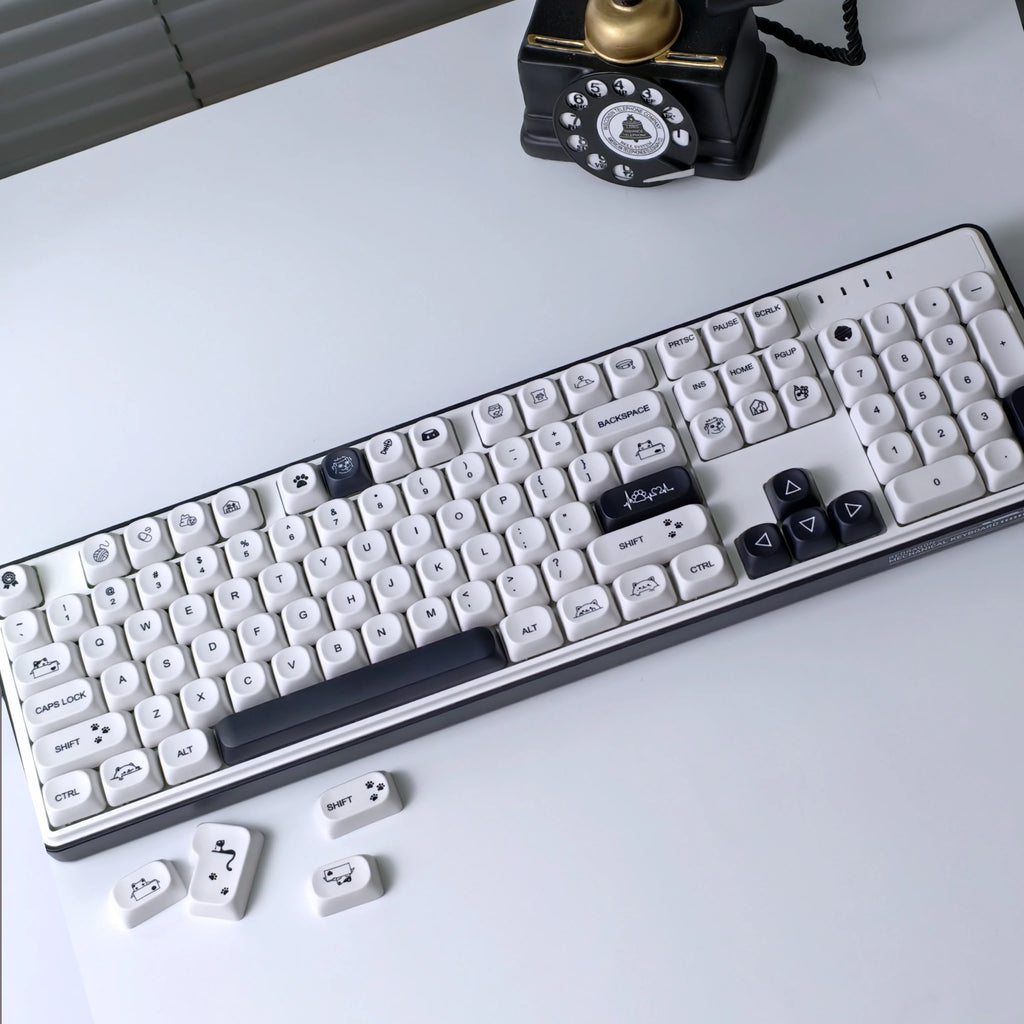 MAIMOOO MOA Keycap Korean Russian English 120Keys Round Cute Pbt Minimalist Style Black And White Cute Kitty Keycaps