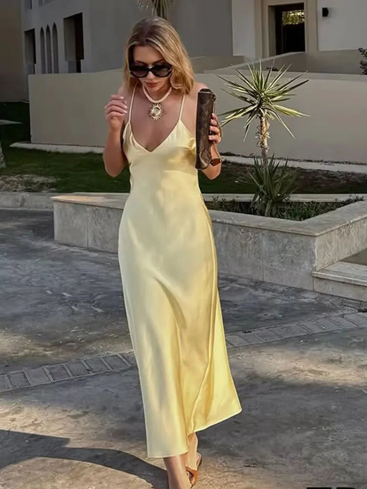 HH Summer Women Pink Stain V-Neck Sling Dress Elegant Sleeveless Loose Beach Long Dress Chic Lady Party Daily Dresses