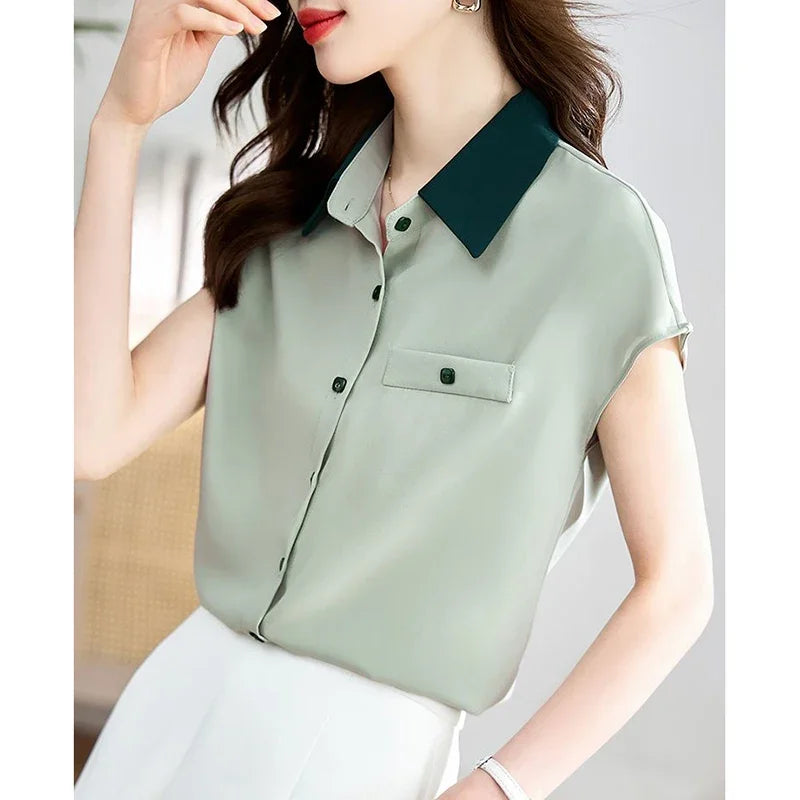 Elegant Lapel Button Spliced All-match Shirt Women's Clothing 2025 Summer New Loose Casual Tops Short Sleeve Office Lady Blouse
