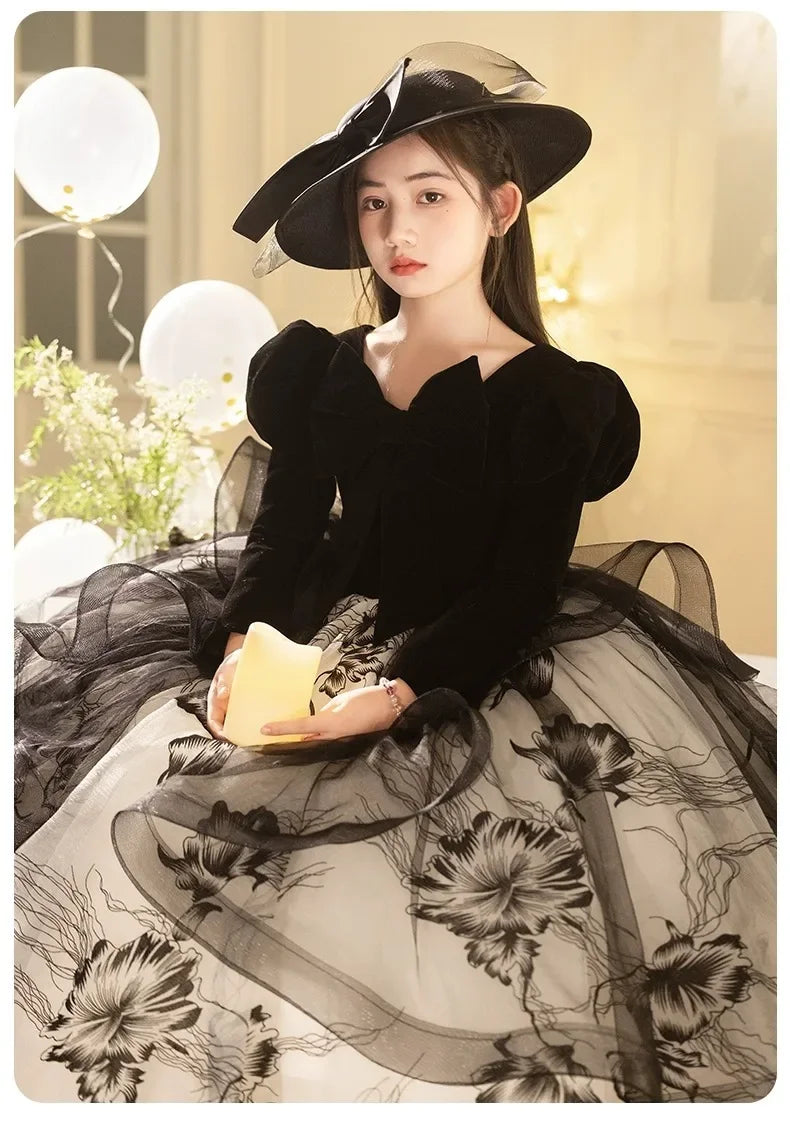 Girls' Spring Dress 3-14y Sweet Girls Floral Puff Long Sleeve PrincessCostumes Vestidos Dresses Kid's Clothes Children's Mes