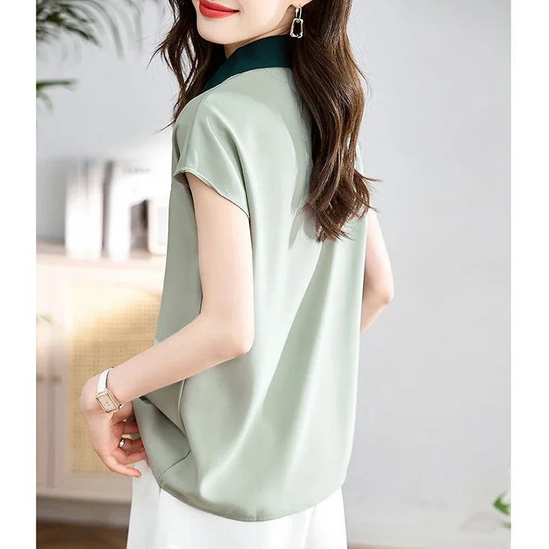 Elegant Lapel Button Spliced All-match Shirt Women's Clothing 2025 Summer New Loose Casual Tops Short Sleeve Office Lady Blouse