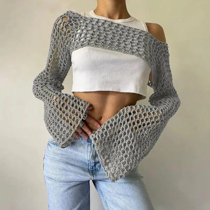 JOEVILU Cropped Knit Top Oversized Slimming Mesh Sunscreen Cover-Up Women's Thin Long Sleeve Breathable Sun Protection Blouses