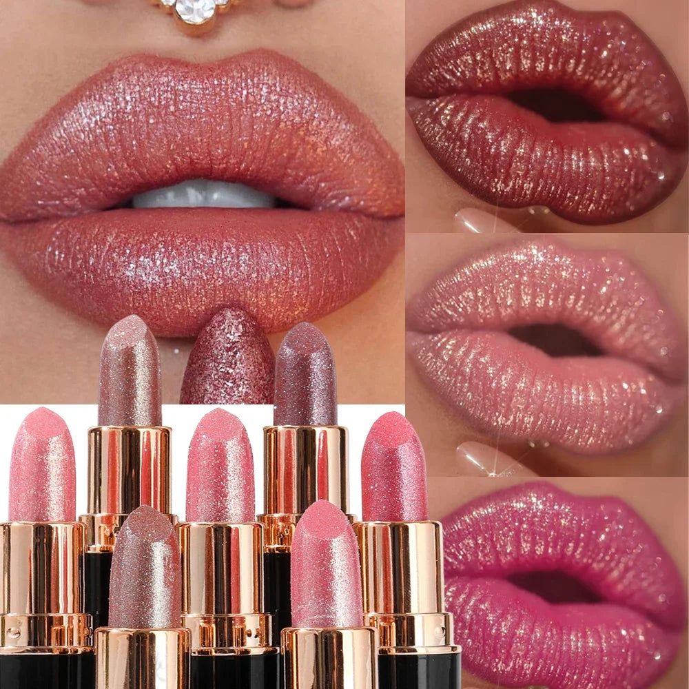 Black Tube Shiny Diamond Lipstick Pearl Moisturizing Glitter Lip Tint Balm Waterproof  Lasting Lip Gloss Shimmer Sexy Lip Makeup