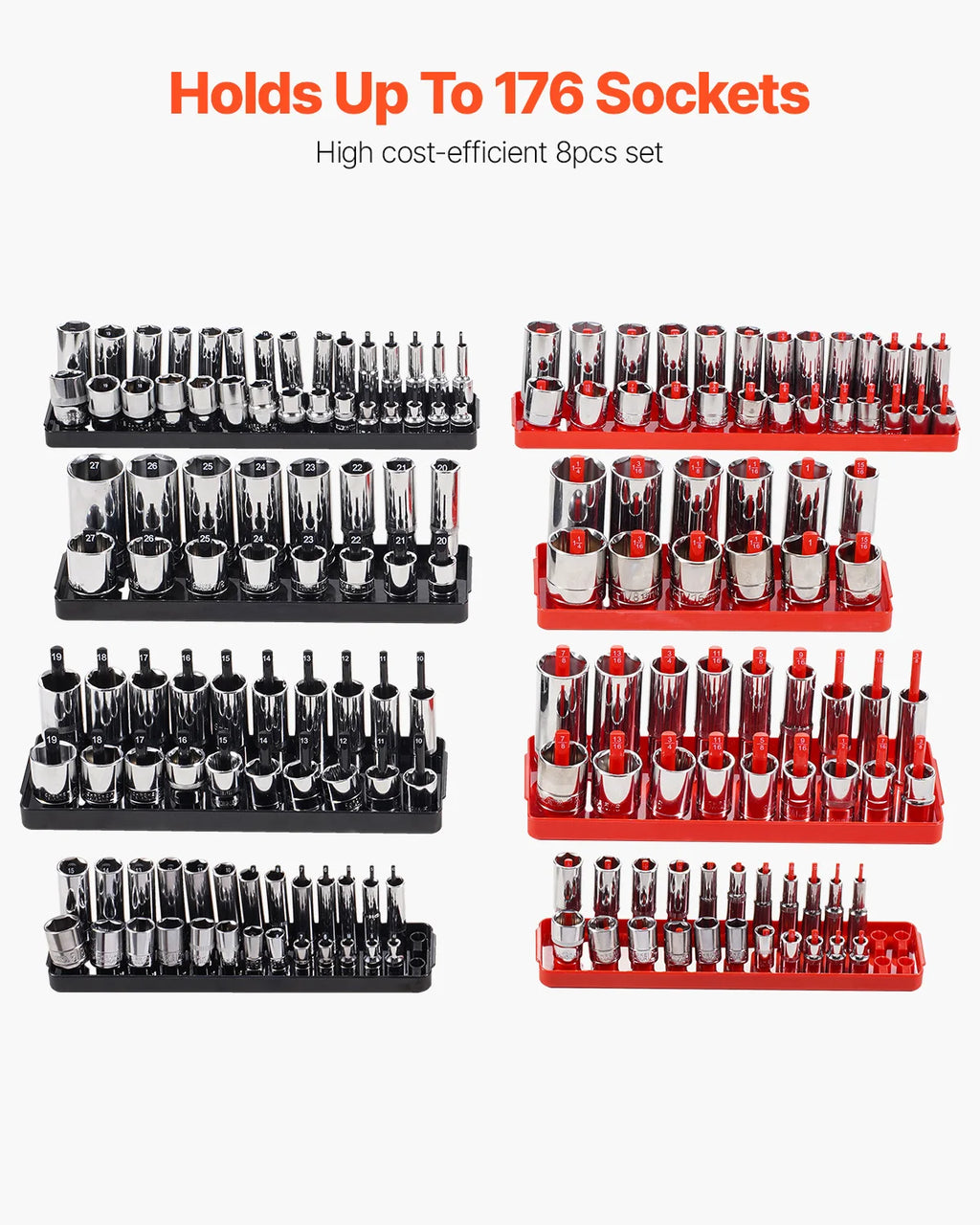 VEVOR 8PCS Socket Organizer Tray Set 1/4'' 3/8'' & 1/2'' Metric SAE Socket Holder up to 176PCS Standard & Deep Sockets for Tools