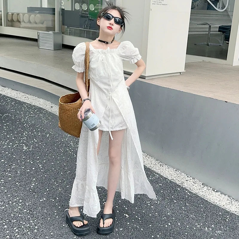 junior girls 2024 French Square Neck White Short Sleeve Dress Puff Sleeve Ruffle Long Skirt Premium teen kids princess Dresses