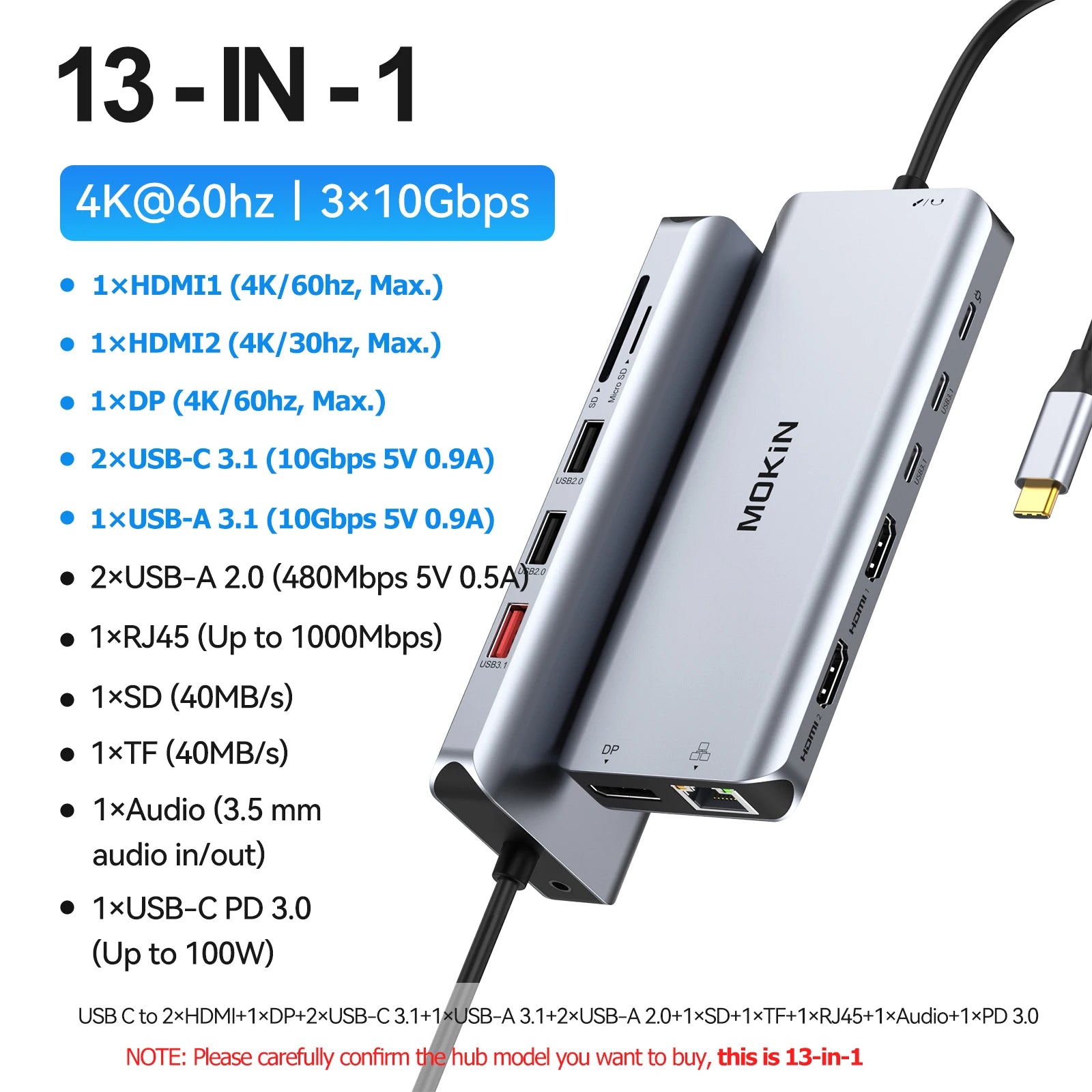 MOKiN USB C HUB 4K60Hz Type C to DP RJ45 SD&TF PD 100W Adapter Dock for MacBook Pro Air M2 M1 3*USB 3.1 10Gbps Splitter usb hub
