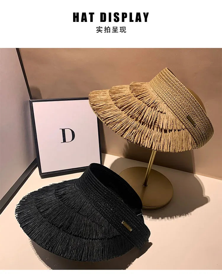 Designer Brand Sunscreen Tassel Straw Hats for Women Summer Empty Top Sun Hat Outdoor Pamama UV Protection Beach Sunshade Cap
