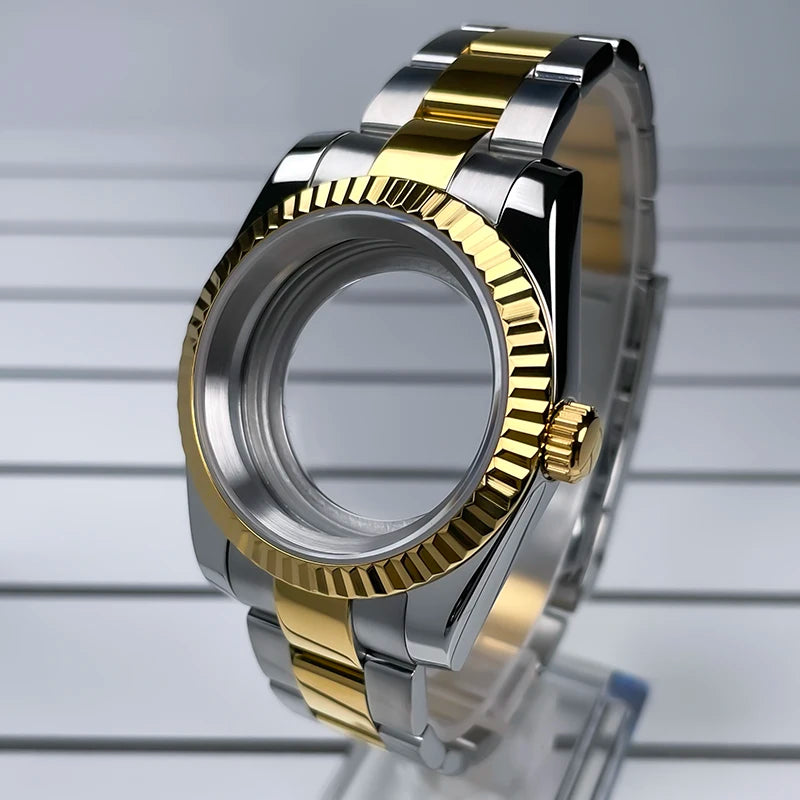 39mm NH35 Case Fluted Bezel DJ2T Yellow Gold Sapphire Glass Skx Mod Modification Parts Fit NH35 NH36 Movement Steel Watch Case