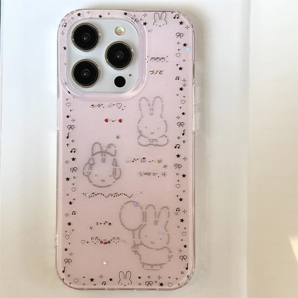 Luxury Glitter Pink Case For iPhone 13 12 11 14 15 16 Pro Max 16 Plus Cartoon Bling Transparent Shockproof Hard PC Bumper Cover