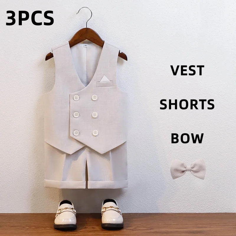 JUCPKID Kids Boys Summer Vest Shorts Suit Formal Elegant Children Boys Wedding Suit Junior Boys Blue Gray Short-sleeved Vest Set