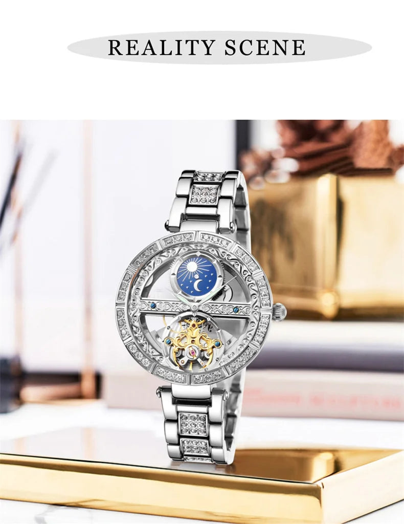 Luxury Women's Waterproof Skeleton Tourbillon Mechanical Watches Night Glow Beauty Elegant Mechanical Watch For Women