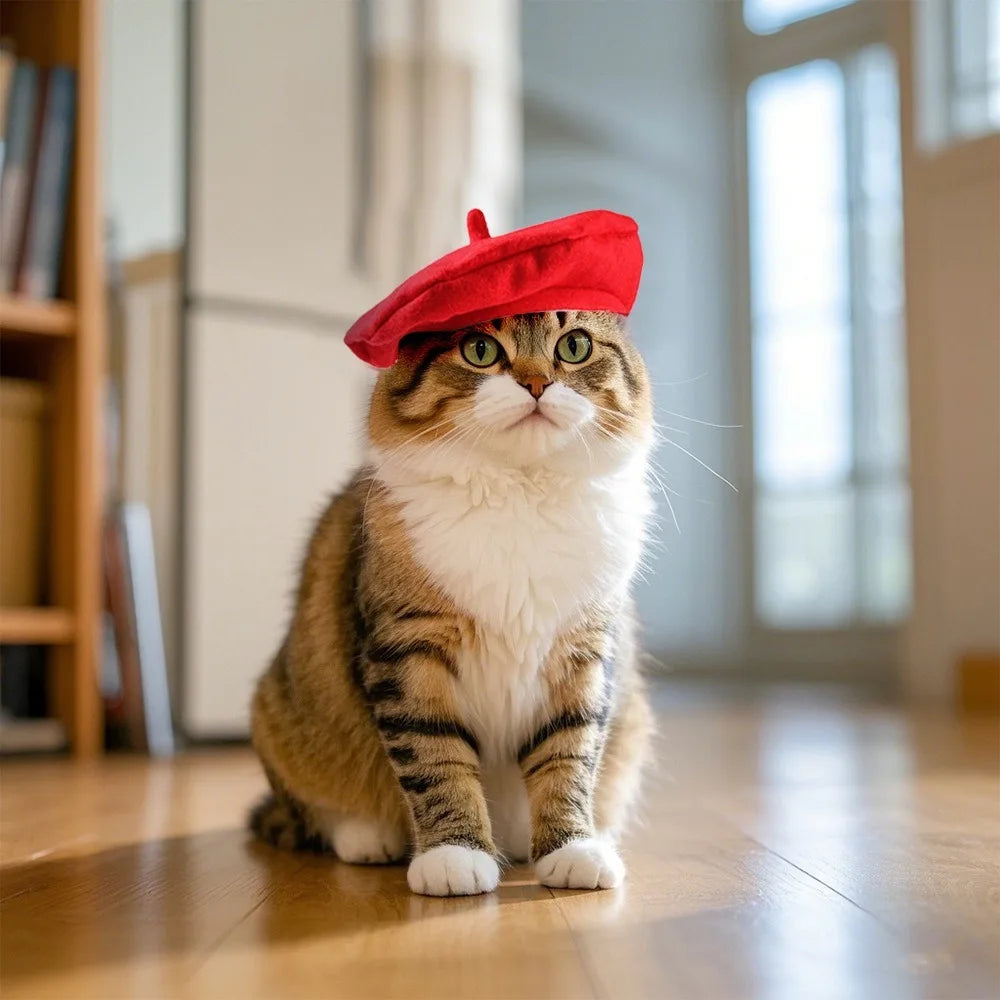 Pet Accessories Cute Cat Beret Hat Fashionable Red Black Cat Sunscreen Hat Breathable Comfortable Cat Dog Caps Outdoor Indoor