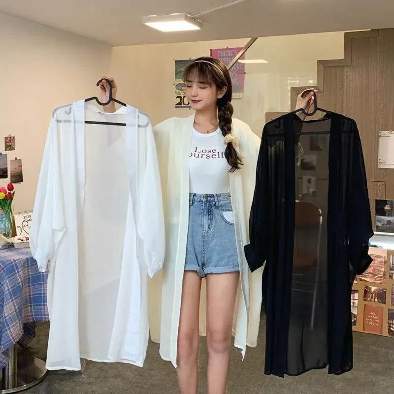 Long Shirts Women Summer Girls Sunscreen Clothing Seethrough Thin Loose Solid Simple Leisure All-match Korean Style Chiffon Tops