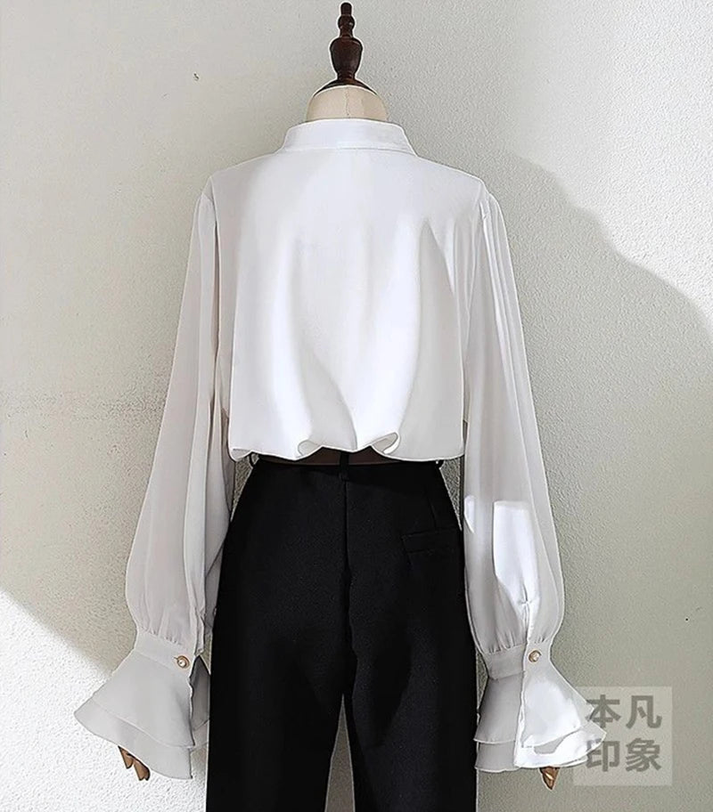 MEXZT Vintage White Shirts Women Elegant Ruffles Flare Long Sleeve Blouses Office Ladies Korean Single Breasted Design Chic Tops