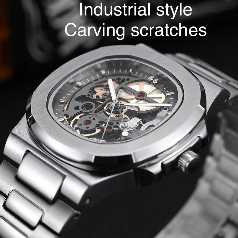 Power Reserve Mechanical Men Wristwatch Skeleton Stainless Steel Powerful Automatic Watches Square Waterproof Hand Clock Gift