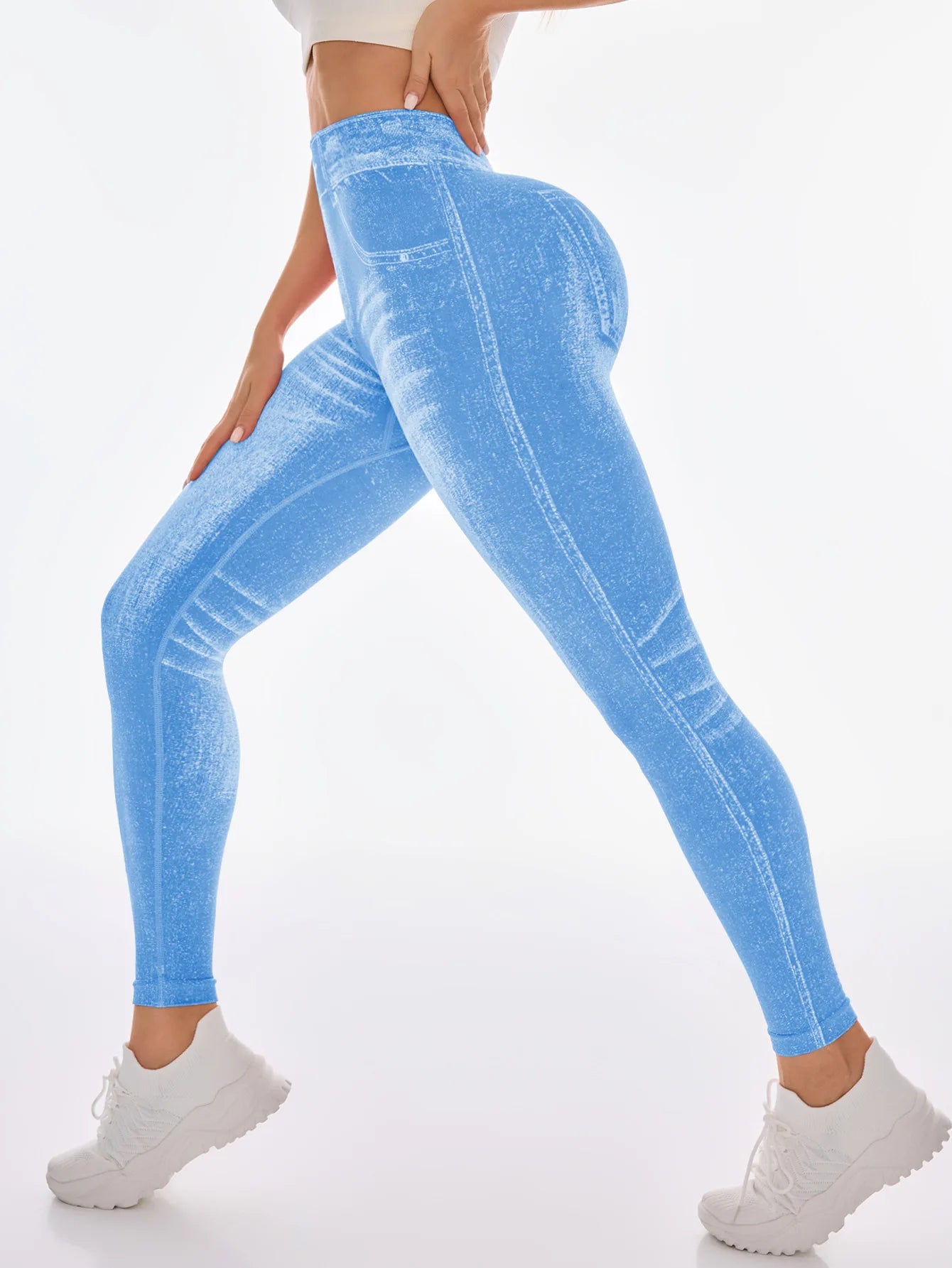Women's Gym Printed Yoga Tight Pants Seamless High Waisted Denim-like Perforated Fake Pocket Tight Pants Yoga Fitness Leggings
