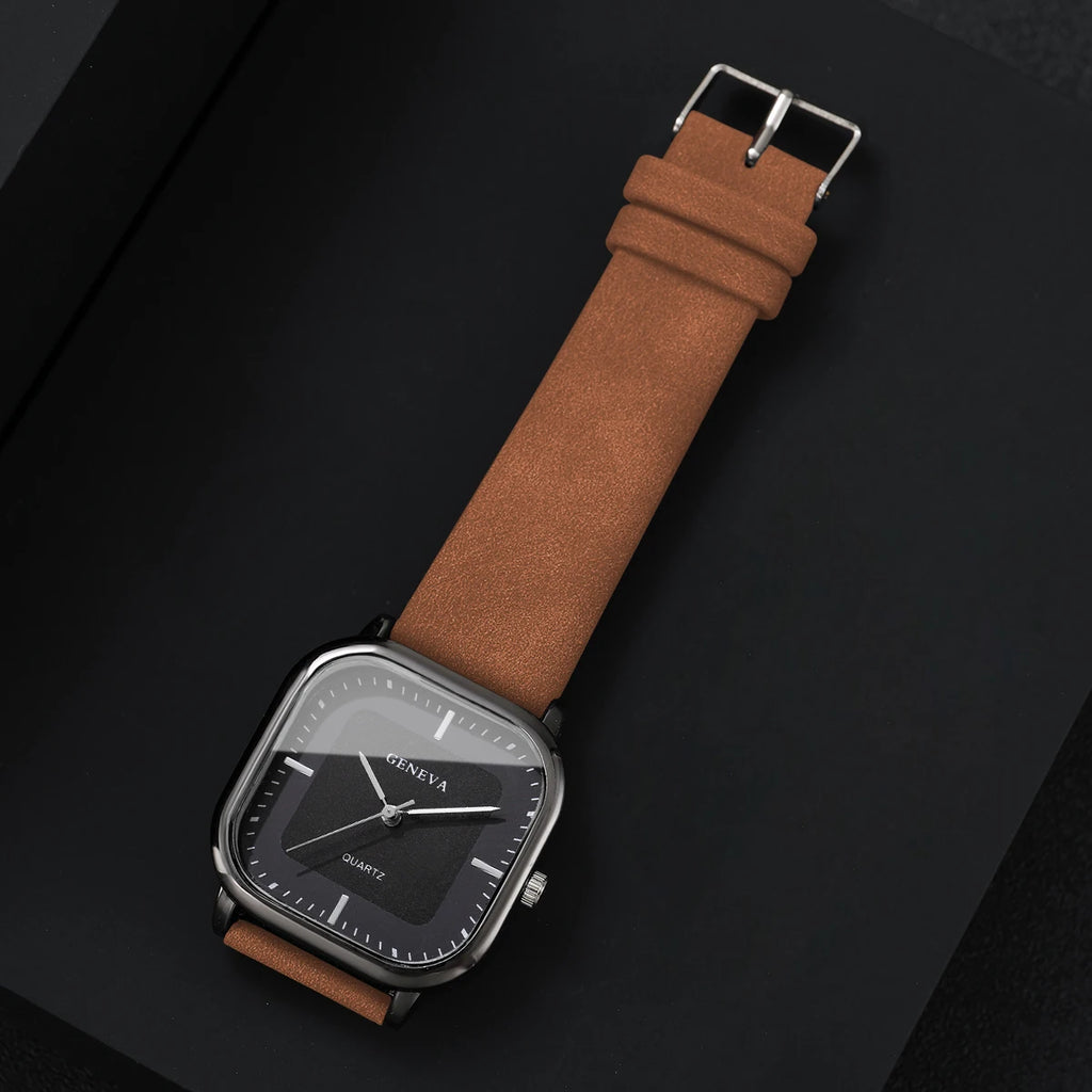 2PCS/Set Fashion Square Women Quartz Watch Ladies Leather Strap Wristwatch With Heart Bracelet Reloj Mujer (Without Box)