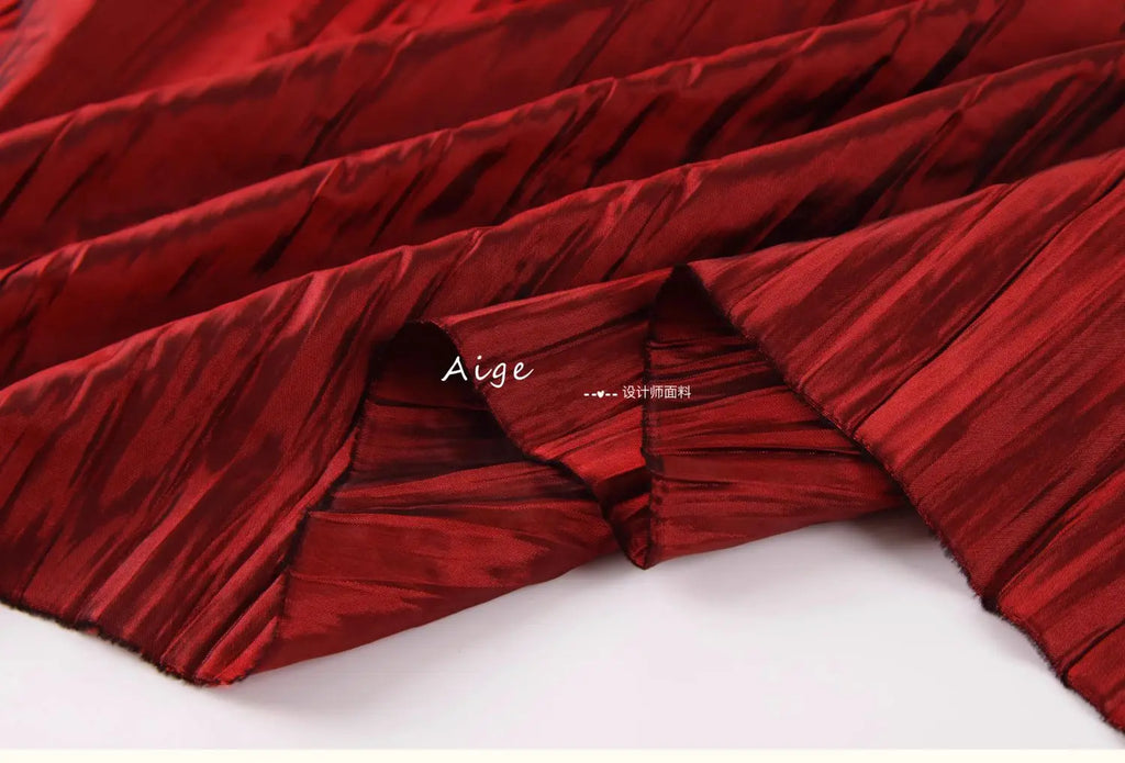 Irregular Pleated Fabric Glossy By Meters for Dress Skirt Shirt Windbreaker Diy Sewing Designer Cloth Soft Comfortable Plain Red