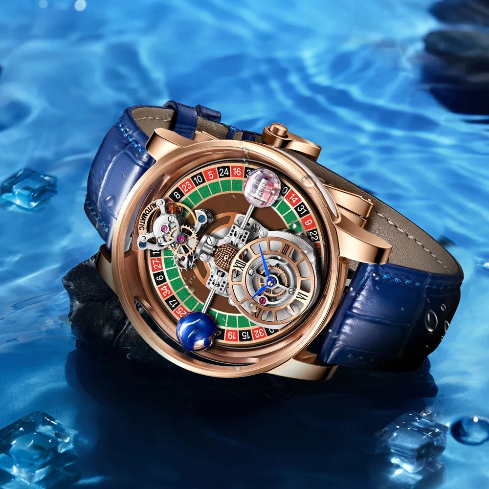 2025 HAEMMER New Men's Watch Transparent Hollow Design Celestial Roulette Quartz Watch Steel Leather Waterproof