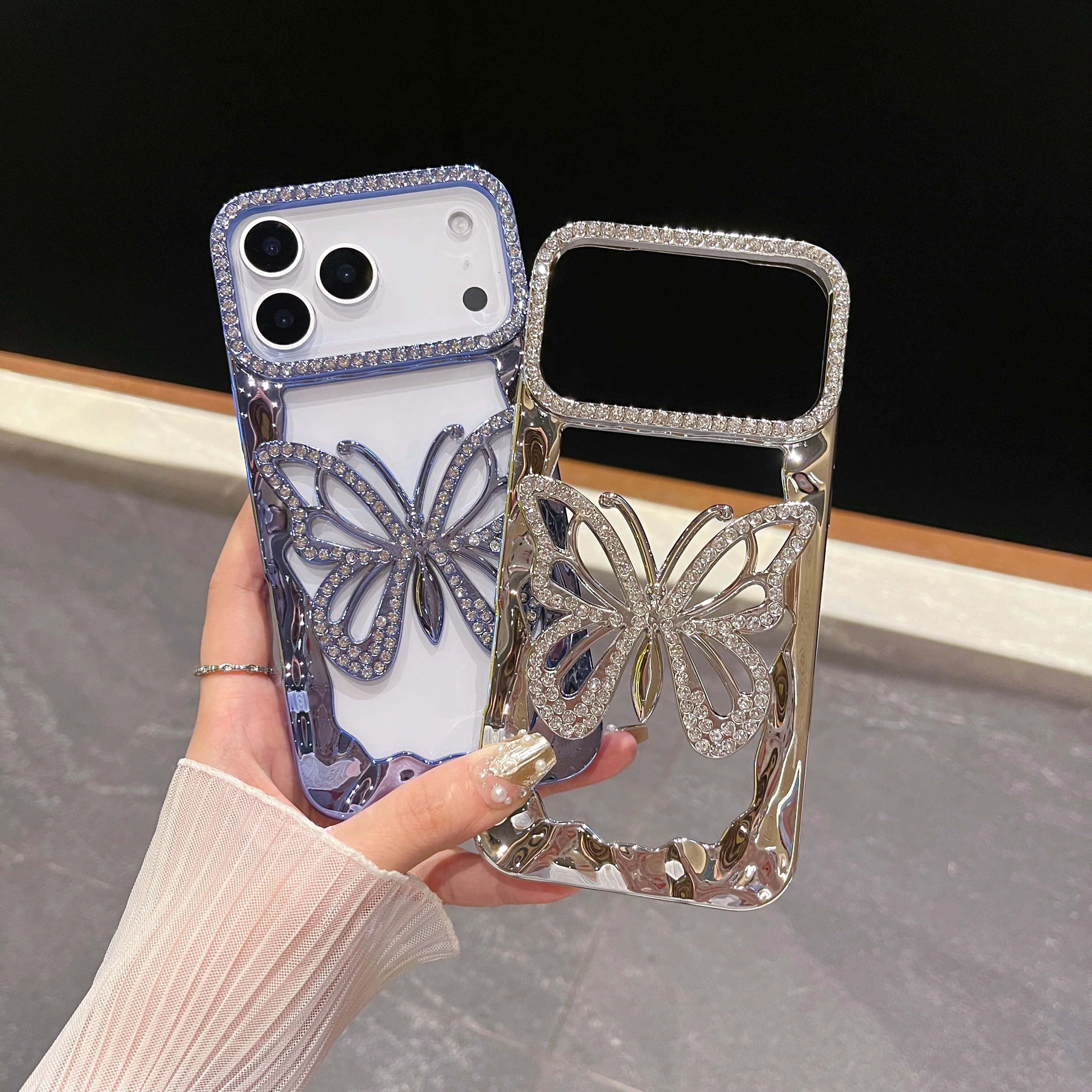 Bling Diamond Hollow Butterfly Phone Case For iPhone 17 Air 16 15 14 Plus 13 12 11 Pro Max Plating Glitter Shockproof Soft Cover