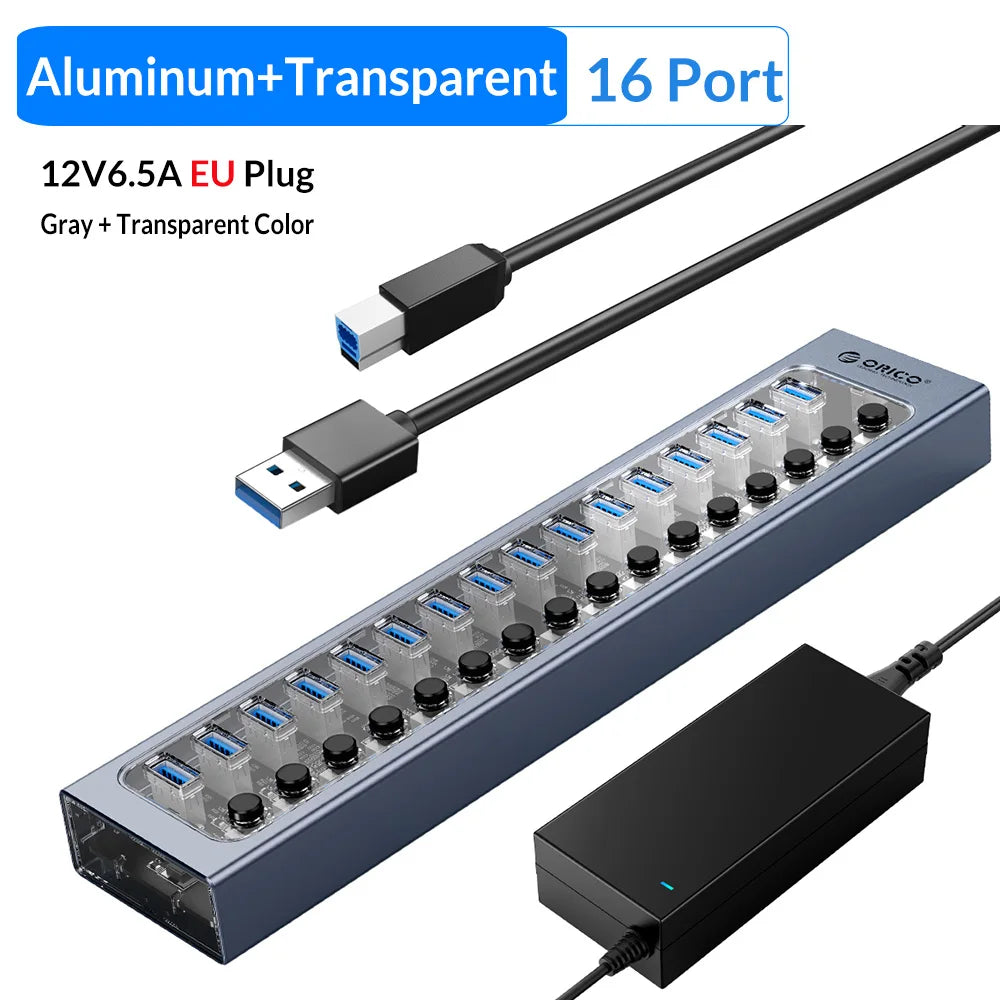 ORICO Industrial USB 3.0 HUB 7/10/13/16 Aluminum USB Splitter On/Off Switch With 12V Power Adapter Support Charging for Computer