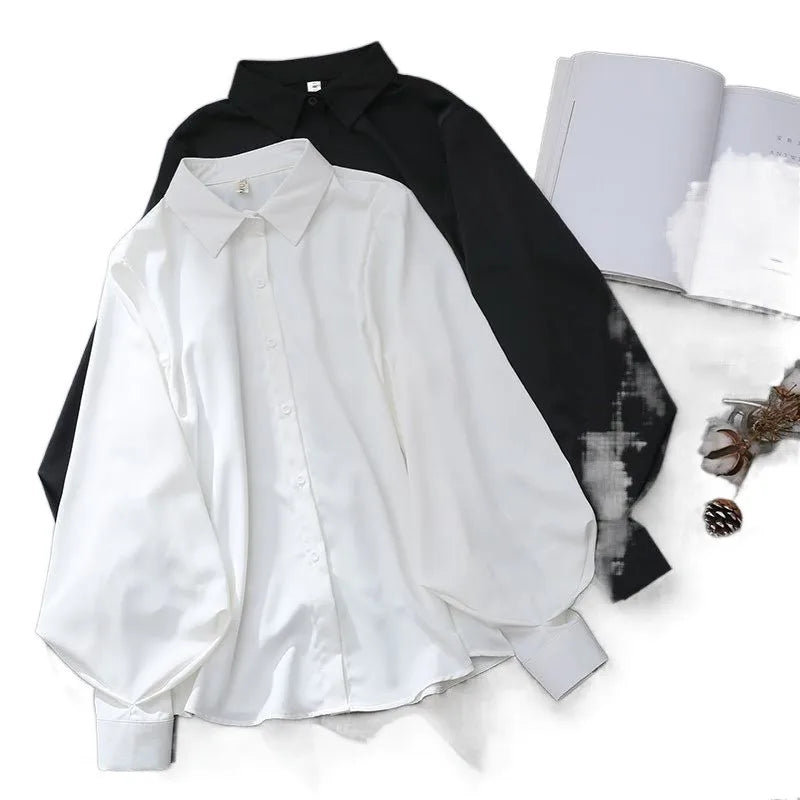 Blouses Tops Women White Black Long Lantern Sleeve Office Lady Temperament Autumn Winter Basic All-match Design Chic Female New
