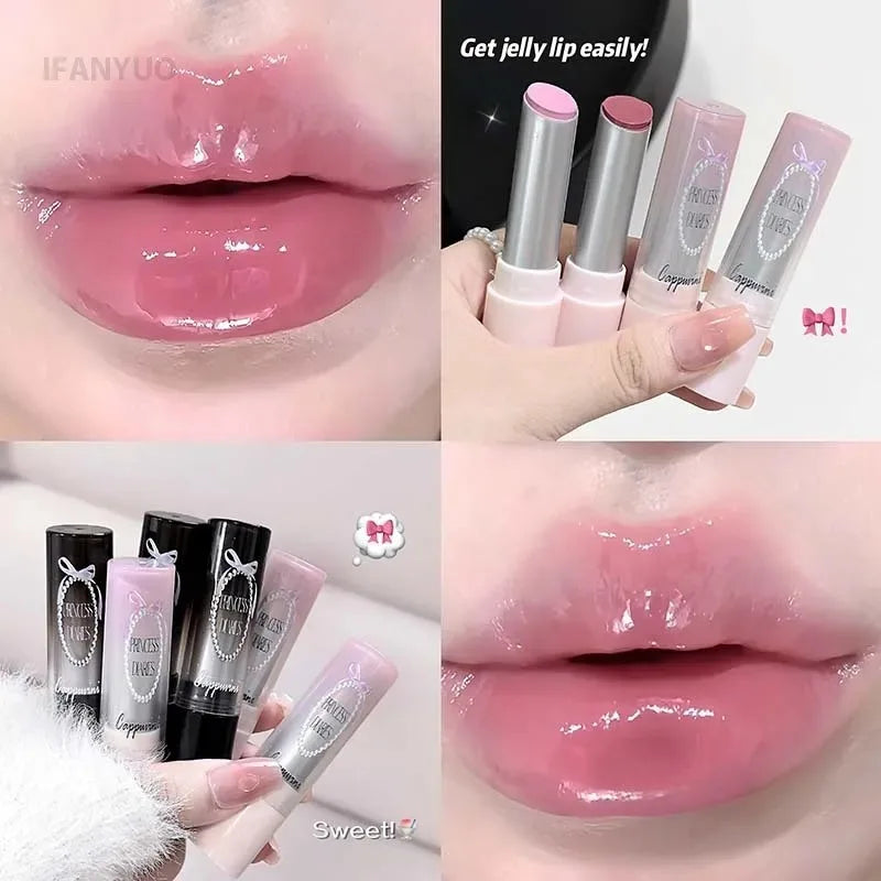 Pink Crystal Mirror Glass Solid Lip Gloss Round Tube Water Light Jelly Lipstick Moisturizing Clear Lip Glaze Nude Brown Lip Tint