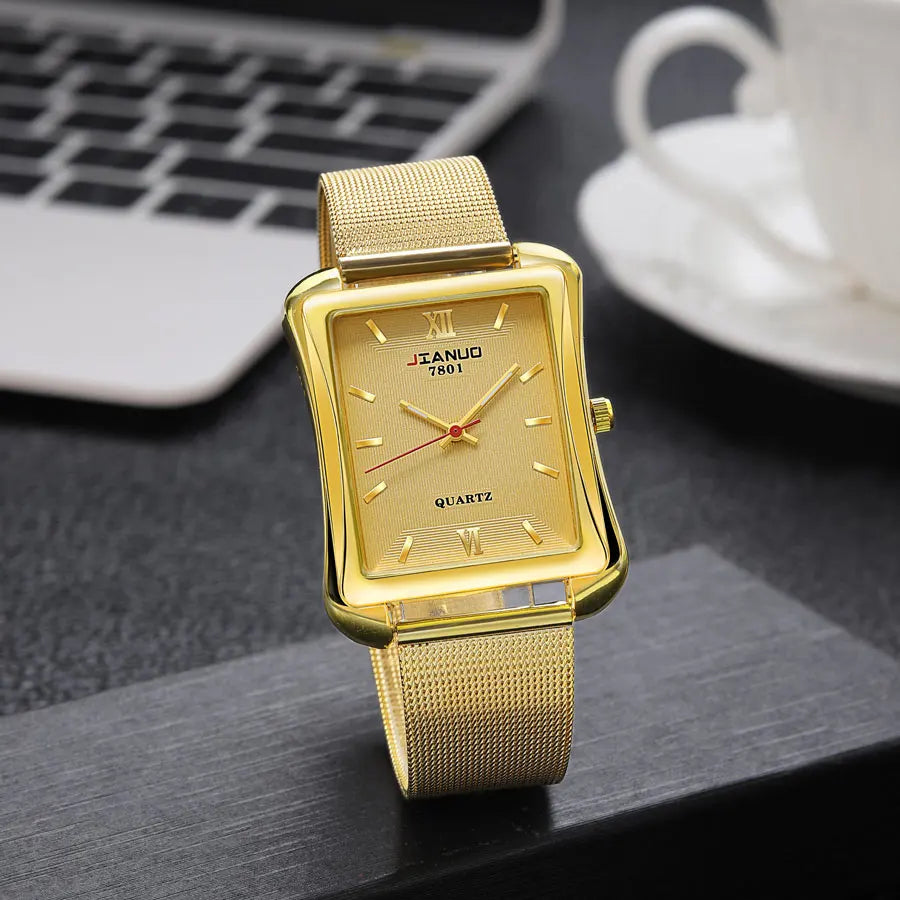 2024 New Trendy Men's Square Watch Business Luxury Large Dial Gold Mesh Band Scale Fashion Men's Quartz Watch
