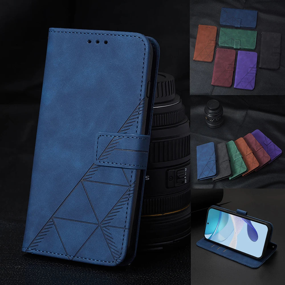 Geometric Leather Wallet Case For ZTE Blade A76 A75 A73 A55 A53 Plus A52 A35 Core V60 V80 Vita Nubia Focus 2 Ultra Calf P9 Pro