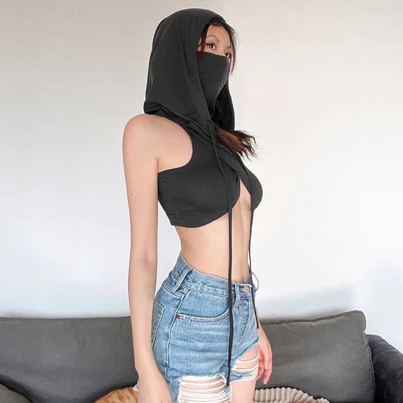 Summer Fashion Trend Solid Colour Y2k Tops New Casual Hooded Lace-Up Crop Top Sexy Slim High Neck Sleeveless Women Clothing