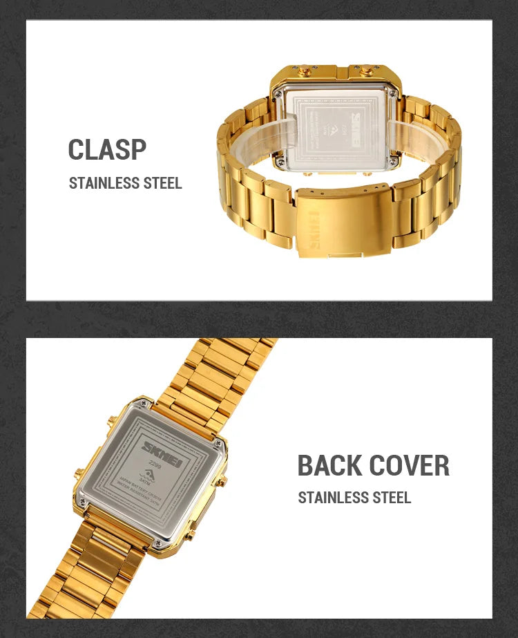 Skmei Luxury Brand Steel Strap Digital Watches for Mens Dual Time Zone Waterproof LED Chronograph Fashion Date Week Alarm Clock