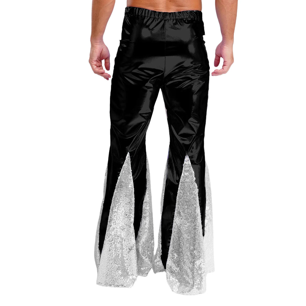 Mens Shiny Metallic 70s Disco Pants Hippie Vintage Costume Dance Party Sequins Bell Bottoms Stage Performance Flared Pants