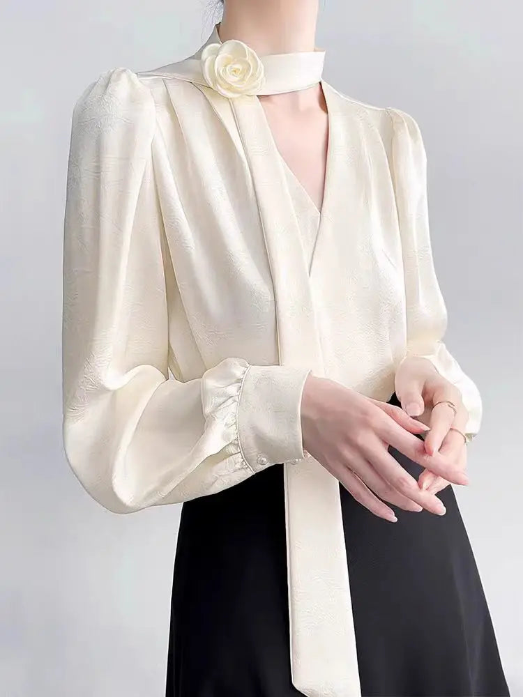 2025 New Ladies' Clothes French Elegance Rose Bow Long-Sleeve Blouse Women’s Chic Spring/Autumn Top Satin High Quality Clothing